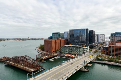 View of Northern Avenue Bridge over Fort Point Channel, steel swing bridge, Seaport District,