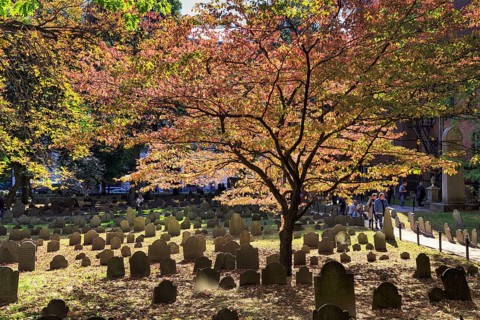 Grave rows, historic cemetery in Indian Summer, tourists, Granary Burying Ground, Tremont Street,