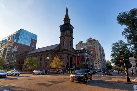 Arlington Street Church, Church with Bell Tower, Street Intersection, Downtown, Boston,