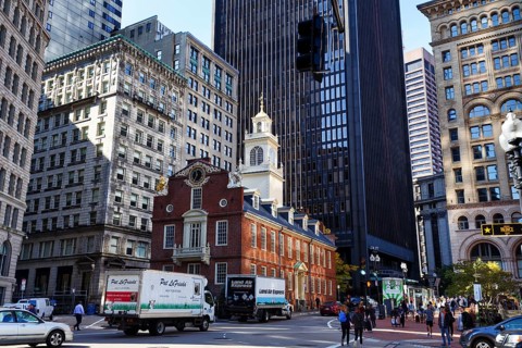 Historic Administration Building, Old State House, walkers, passers-by, truck, colonial style,