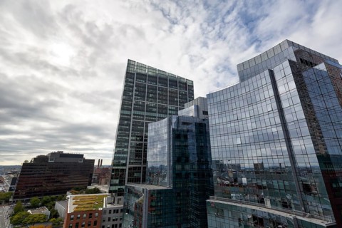 Glass facades, skyscrapers, office towers, Seaport District, Boston, Massachusetts, New England,