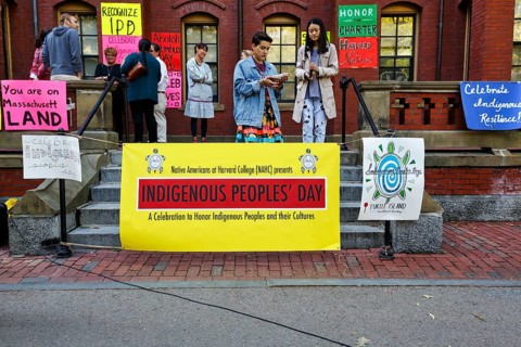 Posters, students at protest action, Indigenous Peoples' Day in October, history and culture,