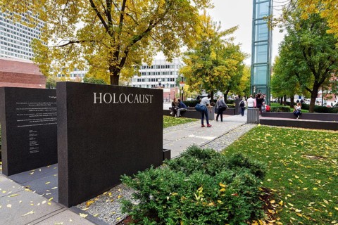 New England Holocaust Memorial stone with inscription, walker, Carmen Park, Freedom Trail,
