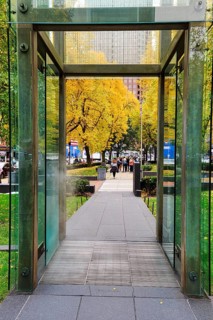Glass tower, passageway, death camp symbol, Indian Summer, New England Holocaust Memorial, walker,