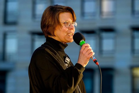 Manon Gerhard from Extinction Rebellion speaks at Fridays for Future rally, the end point of the