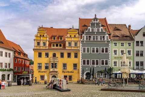 Town houses and Meissen lettering on the market square in Meissen, Saxony, Germany