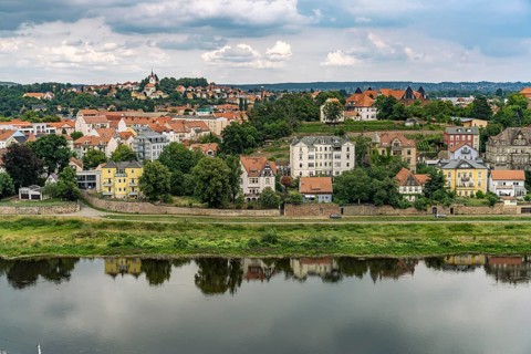 Residential buildings and the Elbe in Meissen, Saxony, Germany