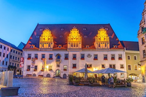 Meissen Town Hall on the market square in Meissen at dusk, Saxony, Germany