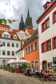 Burgstraßen restaurants in the old town and cathedral in Meissen, Saxony, Germany