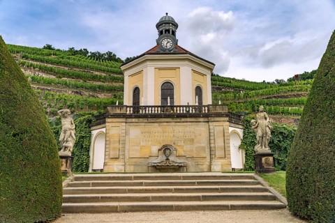 Belvedere and vineyard of the Saxon State Winery Schloss Wackerbarth or Wackerbarth's Ruh' in