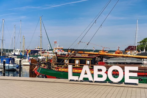 Laboe lettering on the port of Laboe, Schleswig-Holstein, Germany