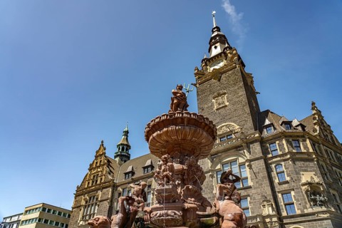The anniversary fountain in front of the town hall in Elberfeld, Wuppertal, North Rhine-Westphalia,