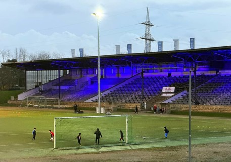 Youth training in the royal blue Glückauf Kampfbahn of FC Schalke 04, Gelsenkirchen, Ruhr area,