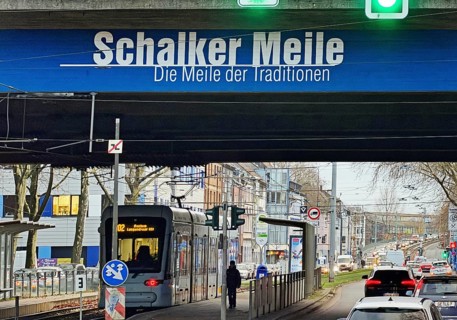 Schalker Meile logo on the A42 motorway bridge, Schalke district exit, Gelsenkirchen, Ruhr area,