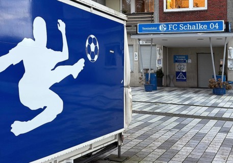 Royal blue and white soccer graphic at the club house of FC Schlake 04, Gelsenkirchen-Schalke, Ruhr