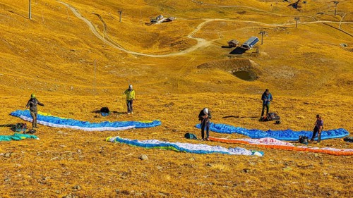 Paragliders prepare for launch, Corne de Sorebois summit, Val d'Anniviers, Valais Alps, Canton of