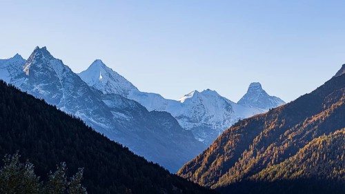 The snow-capped peaks of the Besso, Obergabelhorn and Matterhorn mountains, Val d'Anniviers, Valais