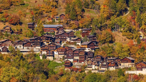 The mountain village of Pinsec with autumn colors, Val d'Anniviers, Valais Alps, Canton of Valais,