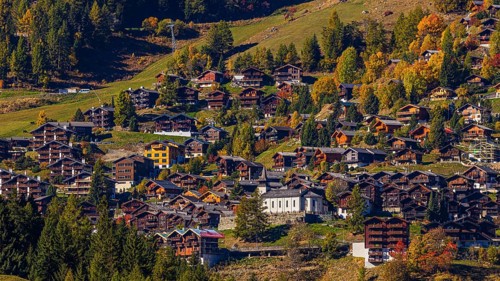 The mountain village of Grimentz with the Saint Theodule church, Val d'Anniviers, Valais Alps,