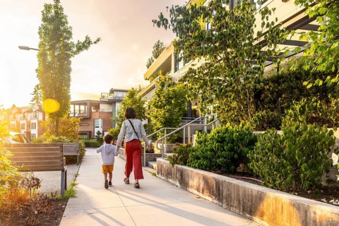 Mother and son holding hands are walking away from the camera on a sidewalk in a residential