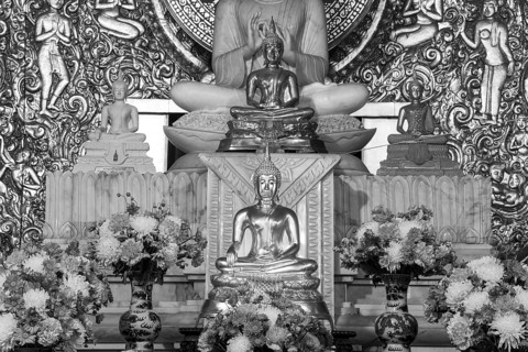 Various Buddha statues, Bhumispara mudra, Buddha Gautama at the moment of enlightenment, as well as