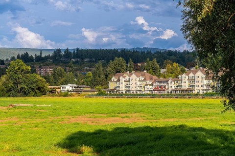 Lush green meadow stretches towards contemporary waterfront residential buildings under a cloudy