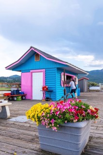 Tourists buying refreshments at a vibrant kiosk on a wooden pier in salmon arm, british columbia,