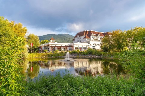 Picturesque salmon arm in british columbia features a luxurious hotel reflected in a serene pond,