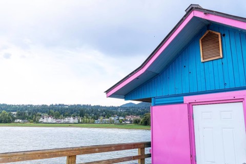 Pink and blue painted building standing on a wooden pier overlooking shuswap lake and the cityscape