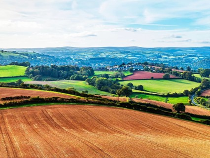 Colours of Devon Farms and Fields over Paignton and Berry Pomeroy from a drone, Totnes, England,