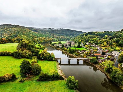 Autumn over Wye Valley and River Wye from a drone, Tintern, Chepstow, Monmouthshire, Wales, UK
