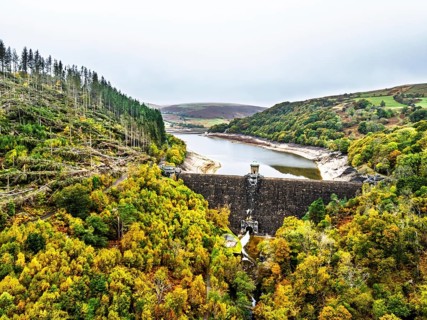 Pen y Garreg Dam and Reservoir from a drone, Elan Valley, Rhayader, Powys, Wales, UK