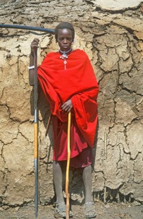 Maasai boy standing guard, teenager, Ngorongoro Crater, Tanzania, Africa, June 2000, vintage,