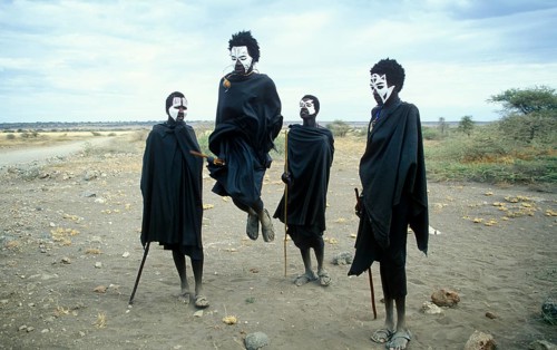 Maasai boys with white painted faces on the occasion of their initiation, showing traditional