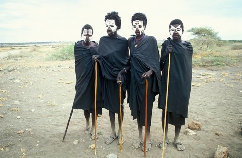 Maasai boys with white painted faces on the occasion of their initiation, Ngorongoro Crater,