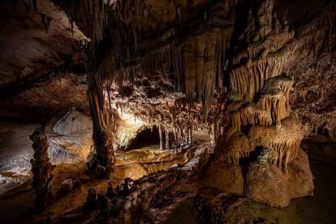 Stalactites and stalagmites, rock formations in a stalactite cave, Grotta del Fico, Gulf of Orosei,