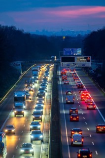 Evening traffic on the A52 motorway, between Düsseldorf and Essen, in front of the Breitscheid