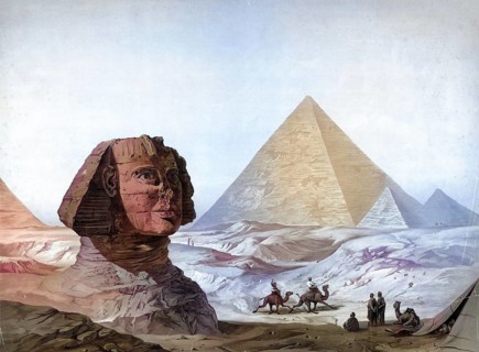 Sphinx and Pyramids of Giza, Egypt, authentic reproduction of a school mural, historic, around 1900