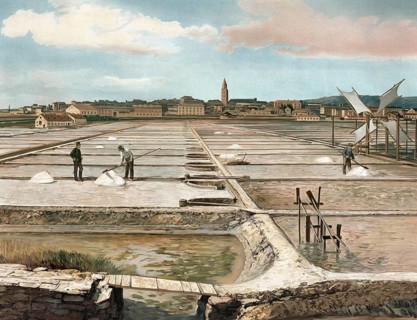 Salt mining, sea salt, salt pans at Capo d'Istria, Istria, authentic reproduction of a school