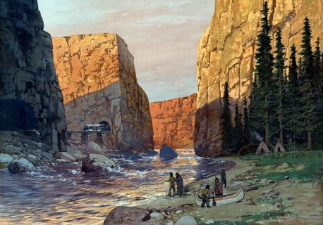 Indians with a canoe by the river, in the background the Canadian Pacific Railway, Canada,