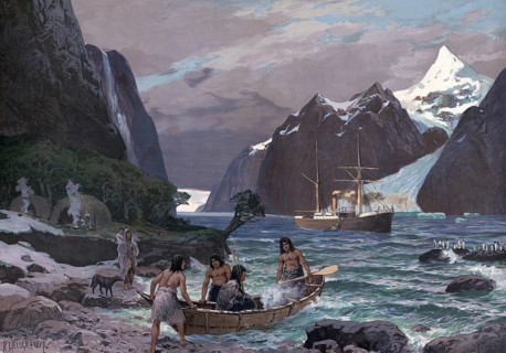 Locals with a boat and a steamer on their way through the Strait of Magellan, a strait with