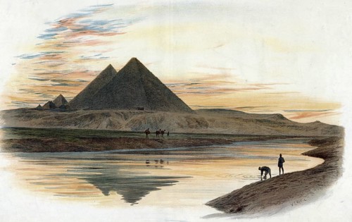 The pyramids of Giza, Egypt, authentic reproduction of a school mural, historical, around 1900