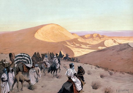 Caravan on the way through the dunes of the Sahara, Algeria, authentic reproduction of a school