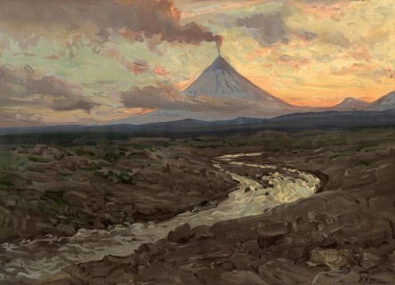 Active volcano on Kamchatka, peninsula in northeast Asia, Russia, authentic reproduction of a
