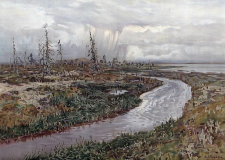 Tundra landscape in Siberia, Russia, authentic reproduction of a school mural, historical, around