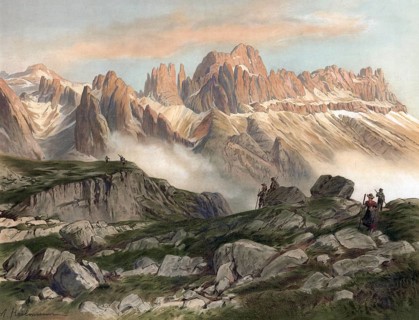 Rosengarten rock group in the Dolomites, South Tyrol, Italy, authentic reproduction of a school