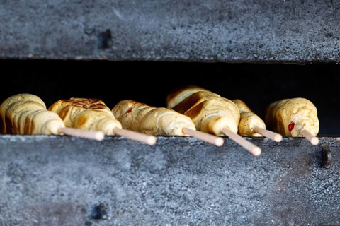 Stockbrot, Christmas market, city of Esslingen, district of Esslingen, Baden-Württemberg, Germany