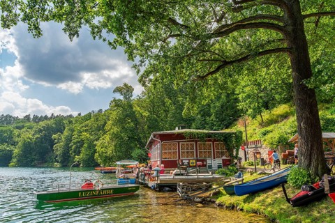 Ferry station, canoe rental and café on Lake Schmaler Luzin, Hullerbusch Nature Reserve, Feldberg