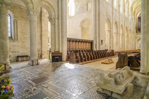 Tomb slab of Philip I and marble floor in opus sectile technique (Latin cut work), Abbey of Fleury,