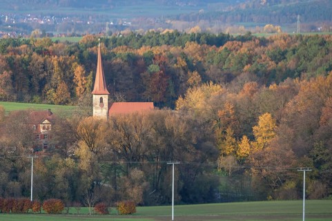 Autumn landscape with St. Egidien church, Beerbach, Middle Franconia, Bavaria, Germany